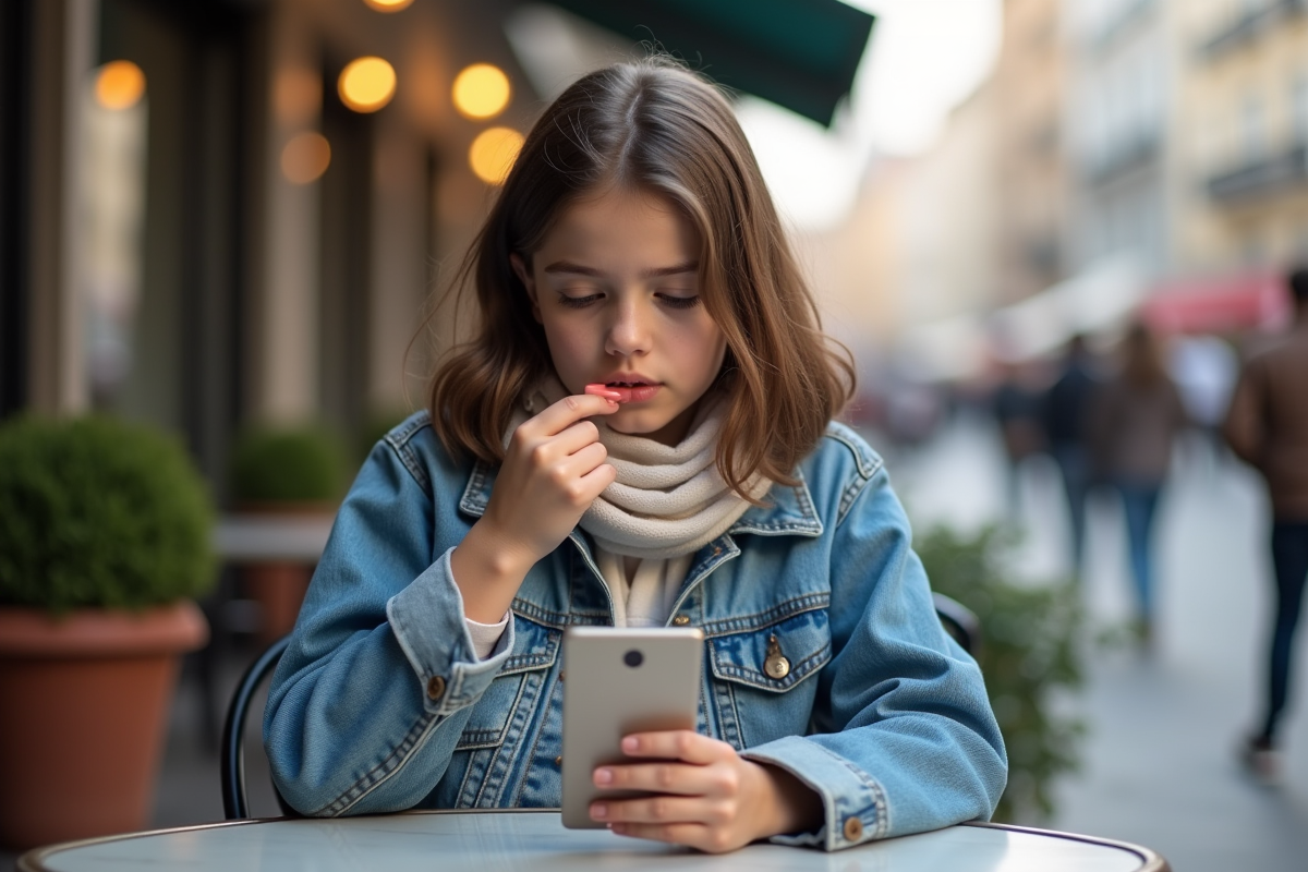 Adolescente appliquant du gloss dans un café en ville