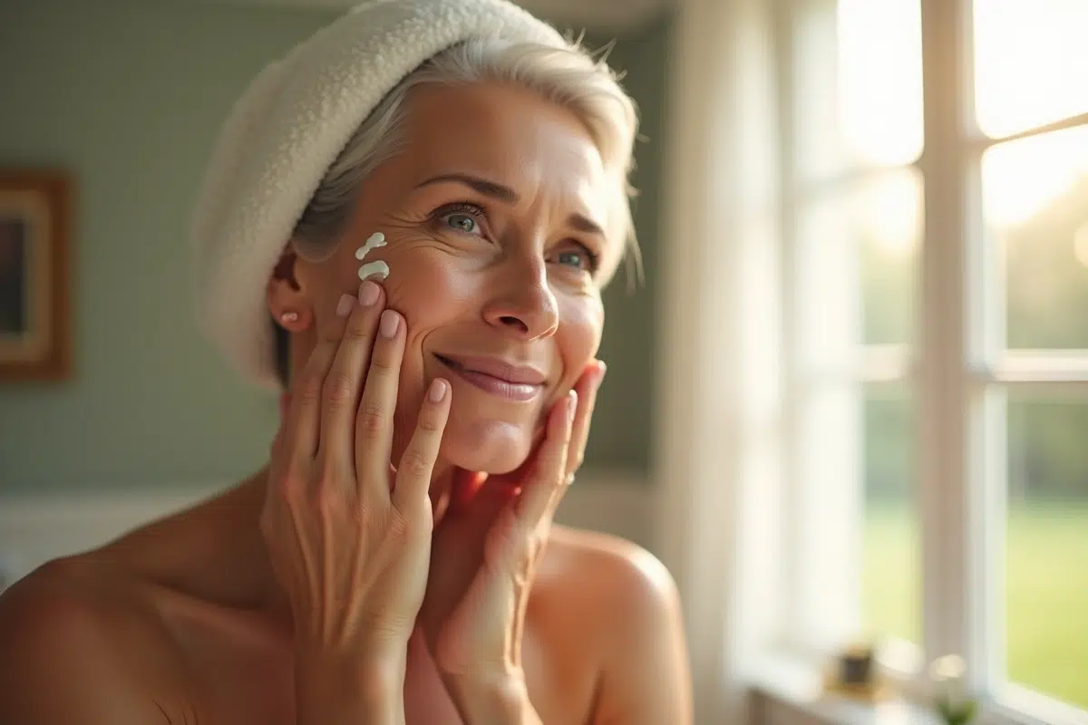 Mains appliquant une creme botanique sur la joue dans une salle lumineuse