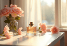 Table de maquillage minimaliste avec parfum et fleurs fraîches
