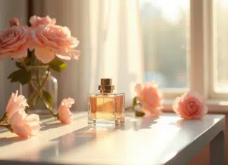 Table de maquillage minimaliste avec parfum et fleurs fraîches