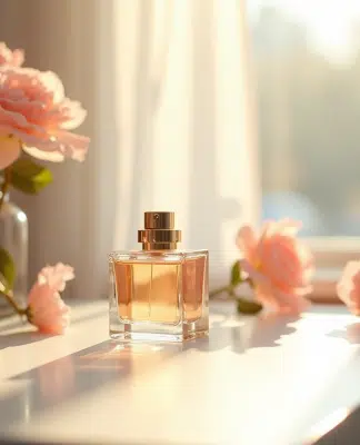 Table de maquillage minimaliste avec parfum et fleurs fraîches