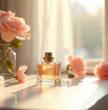 Table de maquillage minimaliste avec parfum et fleurs fraîches