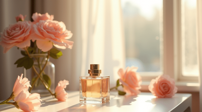 Table de maquillage minimaliste avec parfum et fleurs fraîches