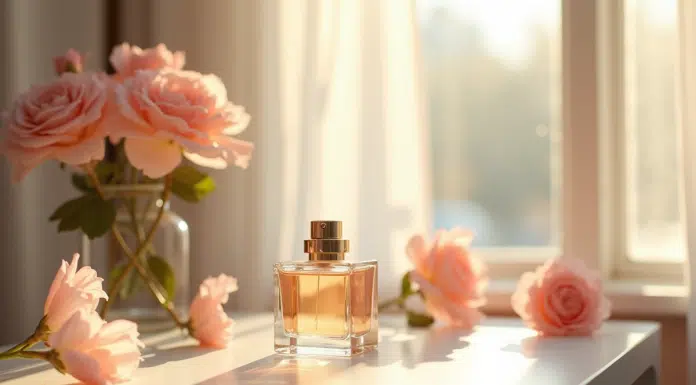 Table de maquillage minimaliste avec parfum et fleurs fraîches