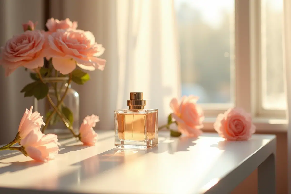 Table de maquillage minimaliste avec parfum et fleurs fraîches