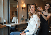 Femme souriante avec coupe taper dans un salon moderne
