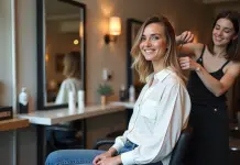 Femme souriante avec coupe taper dans un salon moderne
