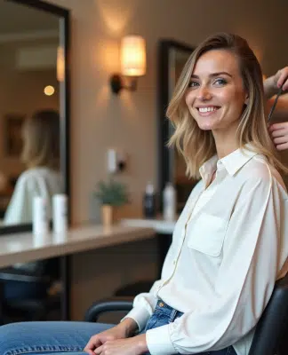 Femme souriante avec coupe taper dans un salon moderne