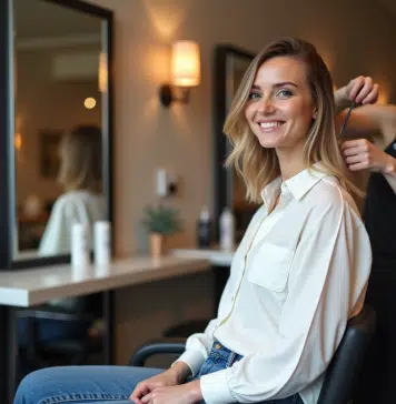 Femme souriante avec coupe taper dans un salon moderne
