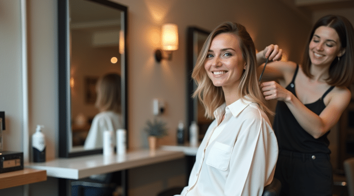 Femme souriante avec coupe taper dans un salon moderne