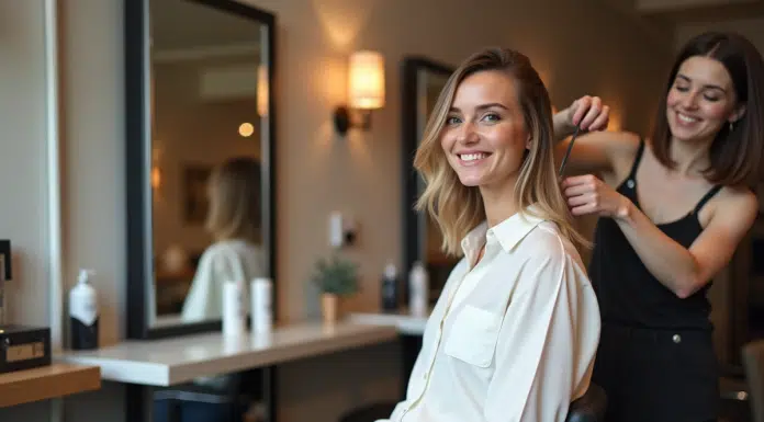 Femme souriante avec coupe taper dans un salon moderne