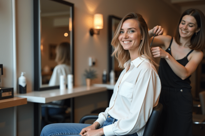 coiffure-taper-salon-mode Femme souriante avec coupe taper dans un salon moderne