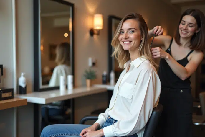 coiffure-taper-salon-mode Femme souriante avec coupe taper dans un salon moderne