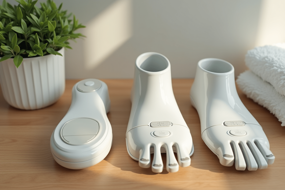 Vue de dessus de trois appareils de soin pour les pieds sur un plan de travail en bois