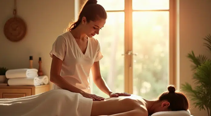 Salle de spa paisible avec massage relaxant et décor apaisant