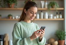 Femme utilisant l'application Yuka pour scanner un produit de soin