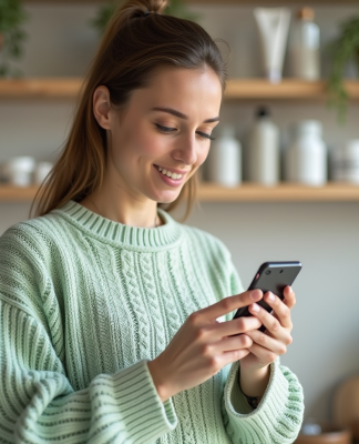 Femme utilisant l'application Yuka pour scanner un produit de soin