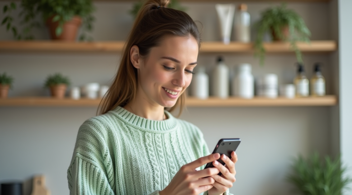 Femme utilisant l'application Yuka pour scanner un produit de soin