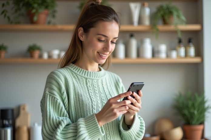 Femme utilisant l'application Yuka pour scanner un produit de soin