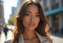 Femme confiante au maquillage glassskin en extérieur