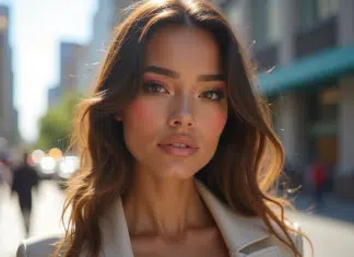 Femme confiante au maquillage glassskin en extérieur