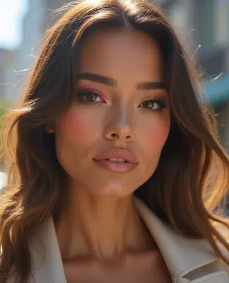 Femme confiante au maquillage glassskin en extérieur
