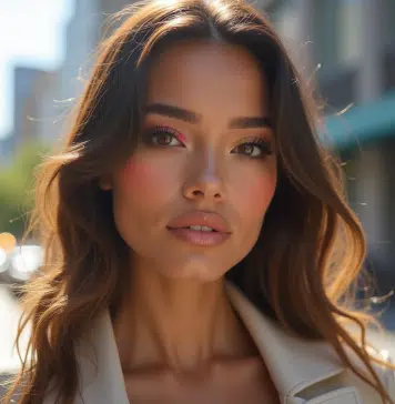 Femme confiante au maquillage glassskin en extérieur