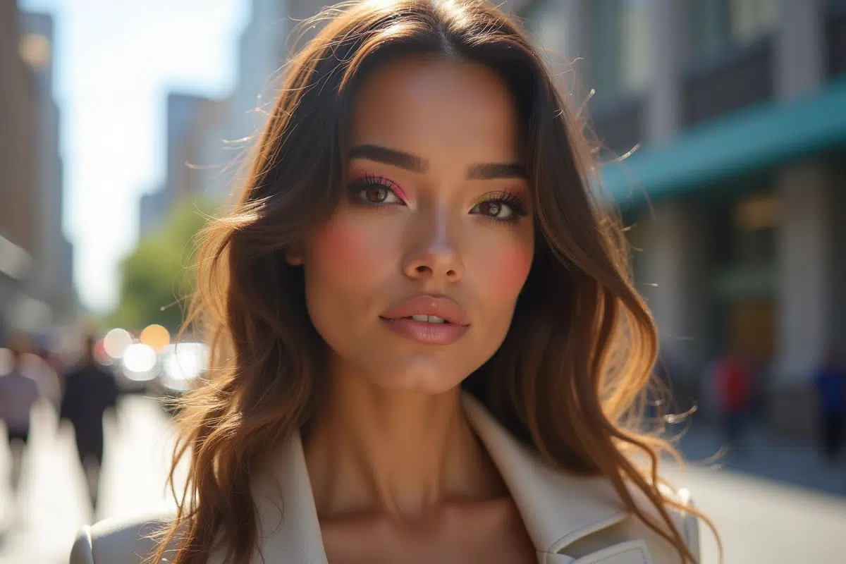 Femme confiante au maquillage glassskin en extérieur