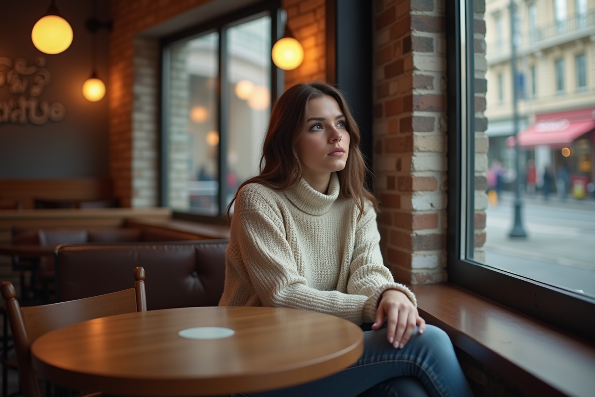 Femme assise au cafe regardant par la fenetre