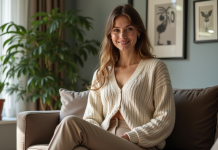 Femme élégante portant un cardigan géométrique en intérieur