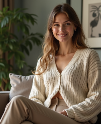Femme élégante portant un cardigan géométrique en intérieur