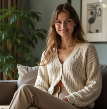 Cardigan 2025 : style à la mode pour un look tendance et élégant Femme élégante portant un cardigan géométrique en intérieur