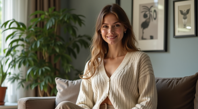 Femme élégante portant un cardigan géométrique en intérieur