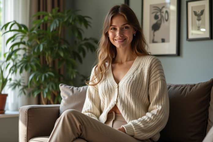 Femme élégante portant un cardigan géométrique en intérieur