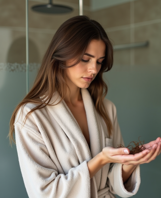 Femme en peignoir regardant ses cheveux humides dans la salle de bain