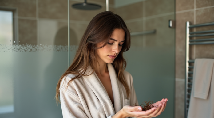 Femme en peignoir regardant ses cheveux humides dans la salle de bain