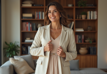 Tenue forte poitrine et ventre : conseils mode adaptés aux silhouettes généreuses Femme confiante en robe midi et blazer dans un intérieur moderne