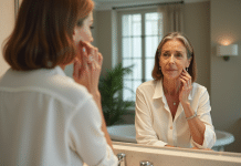 Femme confiante dans sa salle de bain moderne reflet
