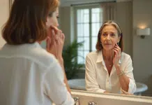 Rajeunir le visage : chirurgie adaptée pour un nouveau look ! Femme confiante dans sa salle de bain moderne reflet