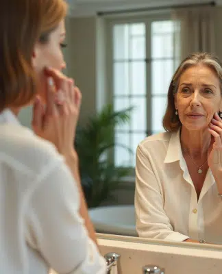 Femme confiante dans sa salle de bain moderne reflet