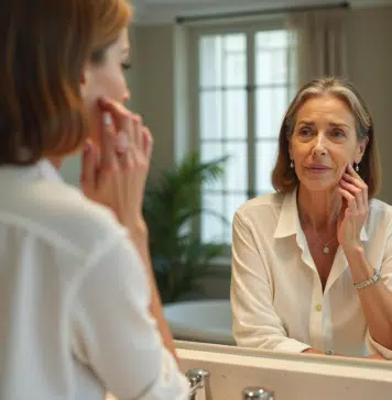 Rajeunir le visage : chirurgie adaptée pour un nouveau look ! Femme confiante dans sa salle de bain moderne reflet