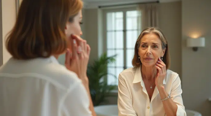 Femme confiante dans sa salle de bain moderne reflet