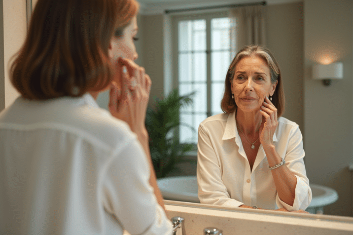 Femme confiante dans sa salle de bain moderne reflet