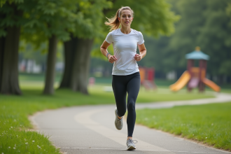 Femme sportive courant dans un parc urbain verdoyant
