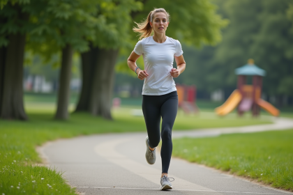 Femme sportive courant dans un parc urbain verdoyant