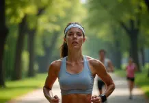 Femme sportive en pleine course dans un parc urbain