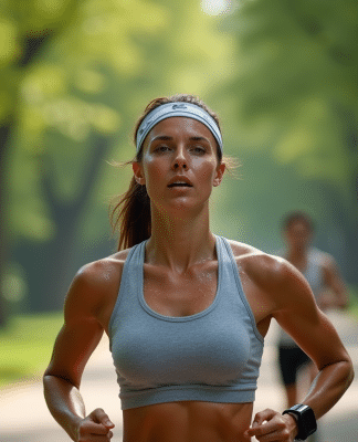 Femme sportive en pleine course dans un parc urbain