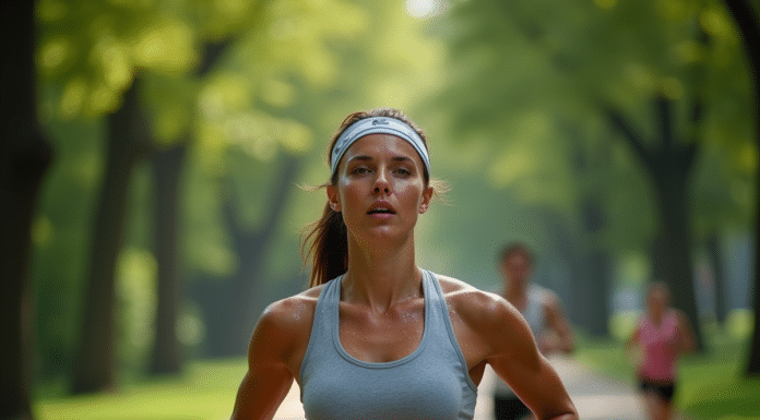 Femme sportive en pleine course dans un parc urbain