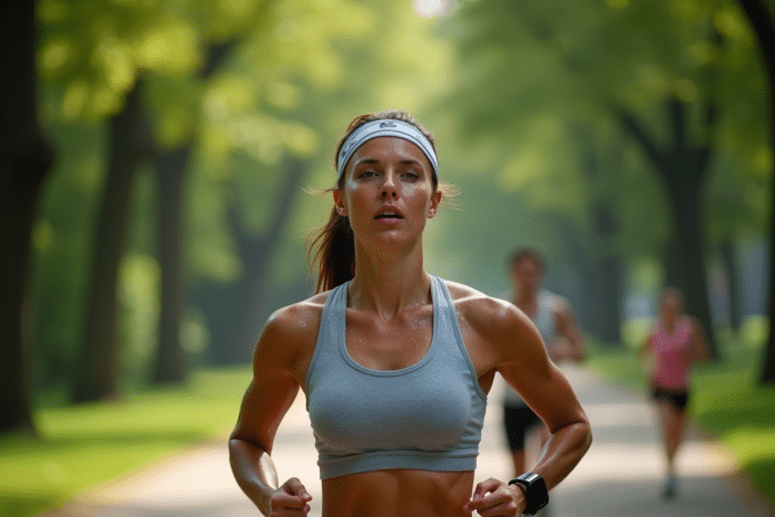 femme-course-sportive-park Femme sportive en pleine course dans un parc urbain