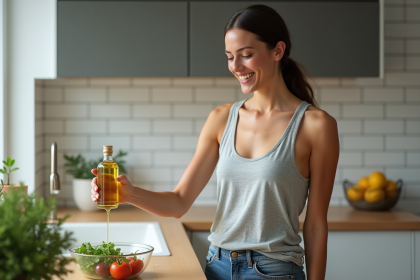 Femme souriante versant de l'huile d'olive sur une salade